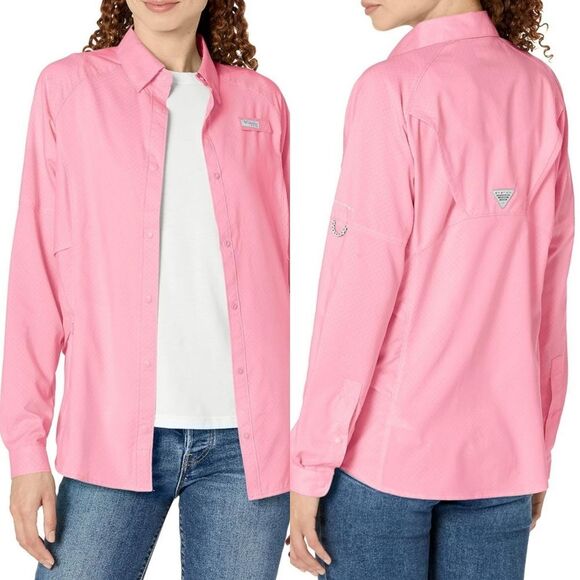 ☔️🔹️Columbia PFG Pink Omni-Freeze  Cool Release Airgill Long Sleeve Top Large - Picture 1 of 12